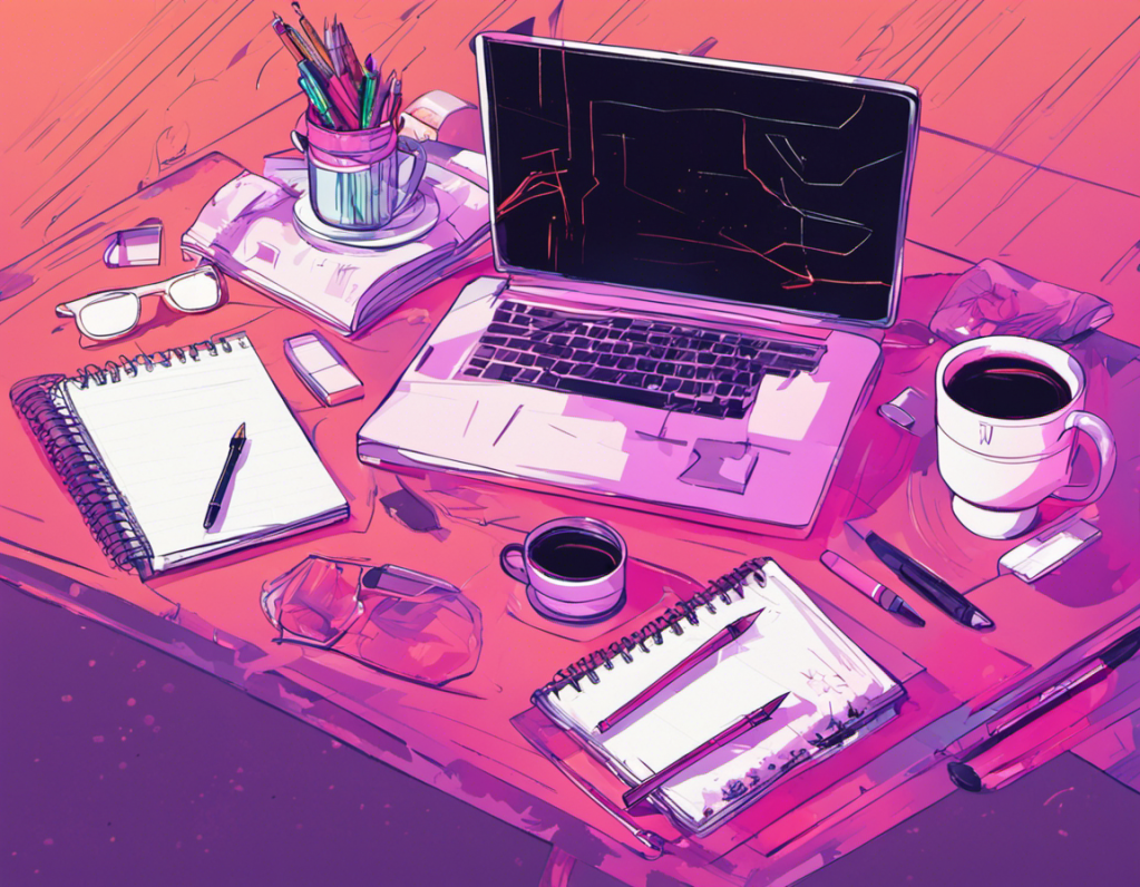 AI generated image of a laptop and coffee on a desk, with lots of color and sketchy lines.