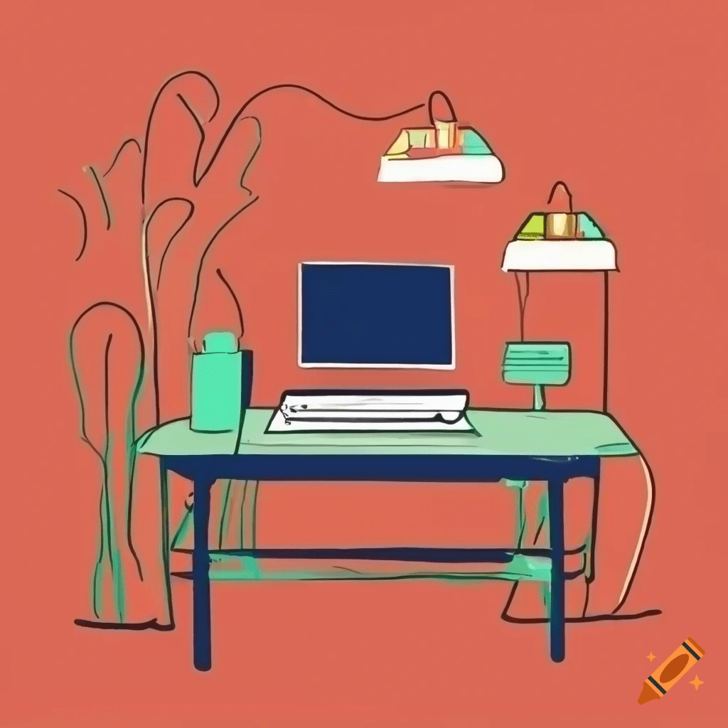 A simple AI drawing of a desk and laptop in an office space with an orange background and simple lines.
