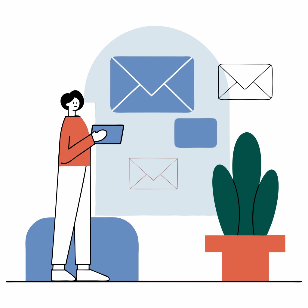 Illustration of a woman holding an ipad with email emojis surrounding her.