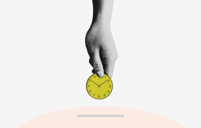 upside down hand holding a yellow clock, in a sort of collage style image